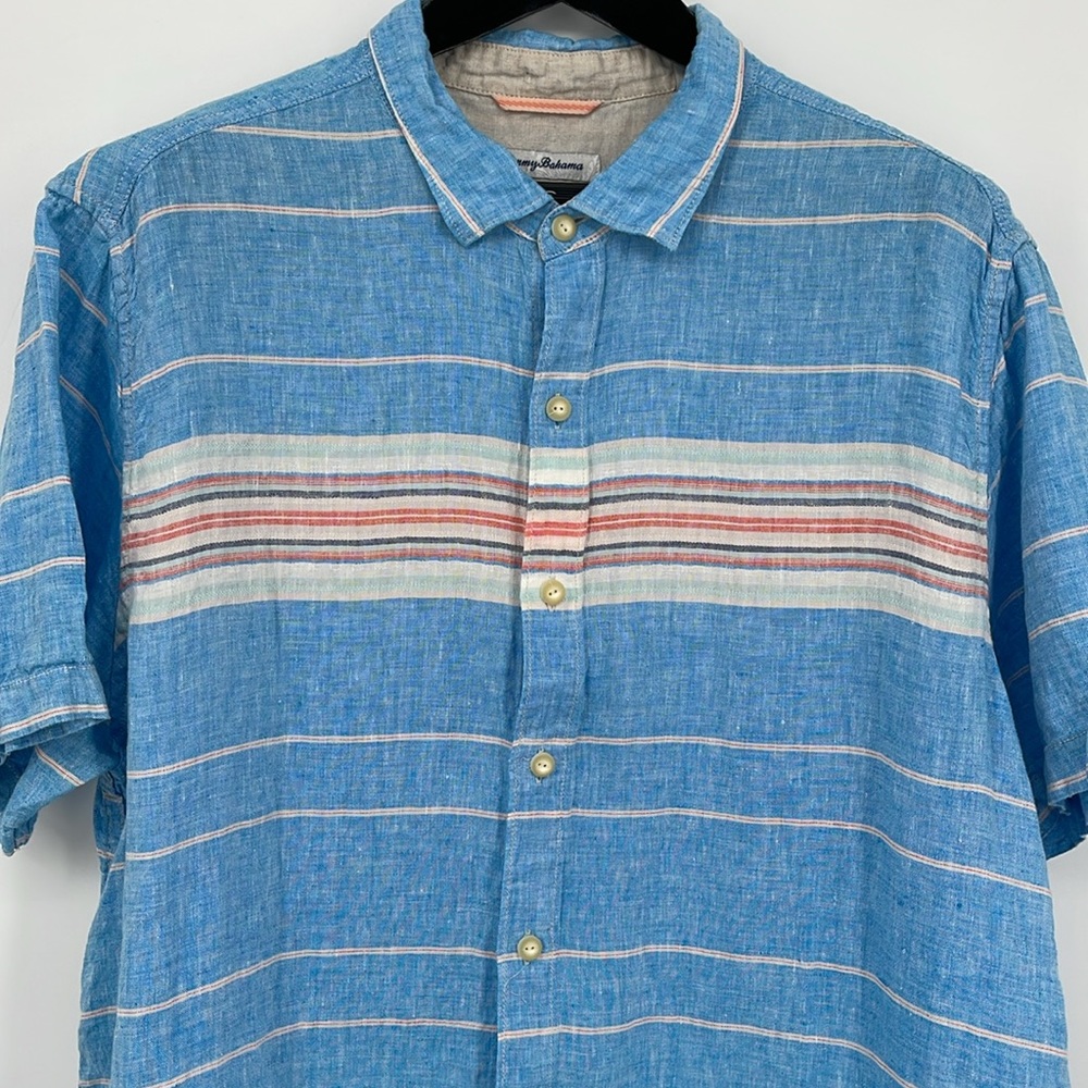 Tommy Bahama Stripe Serape Short Sleeve Linen Button Down Blue Size XL